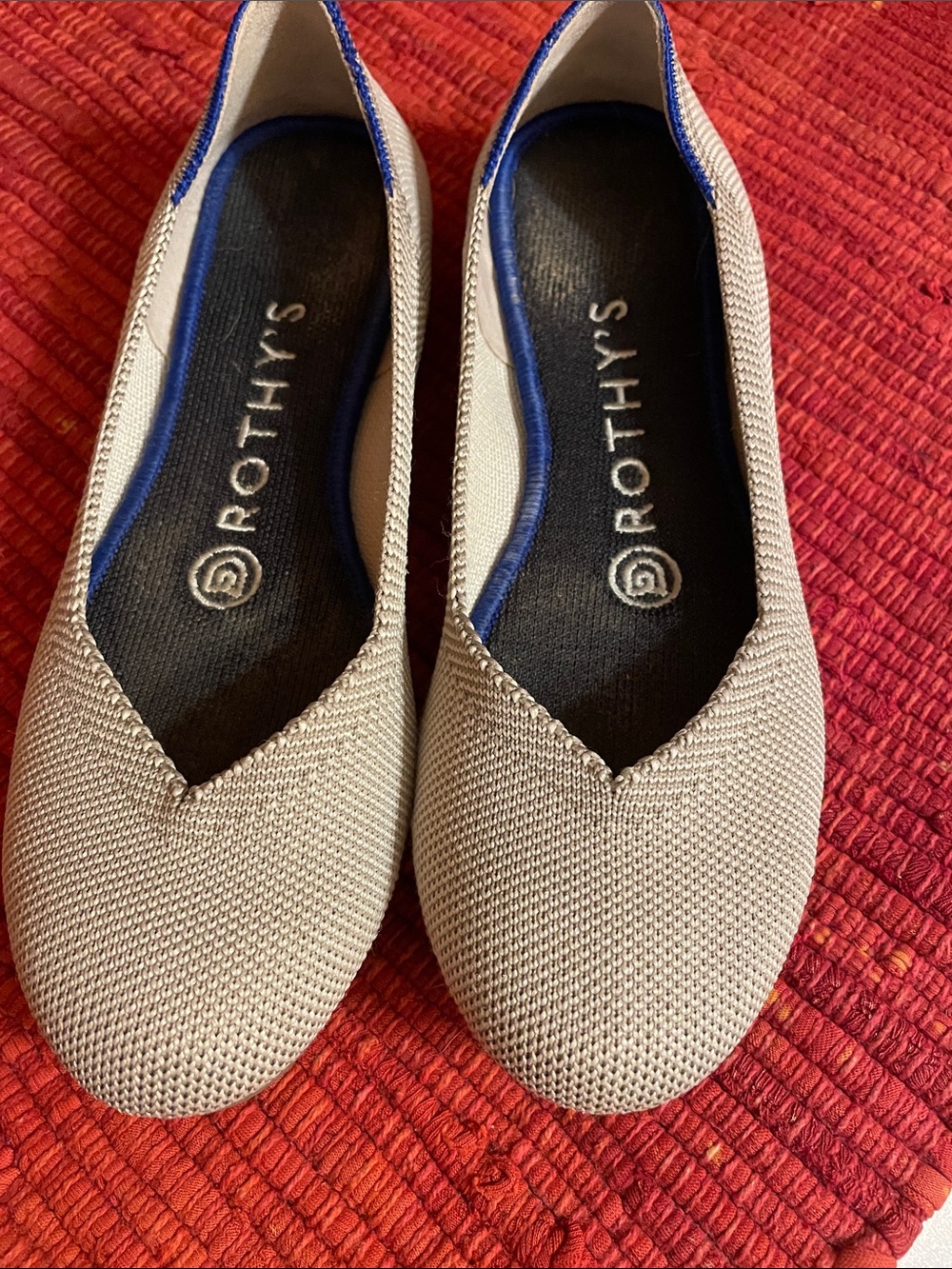 Rothy's Beige Knit Flats with Navy Trim